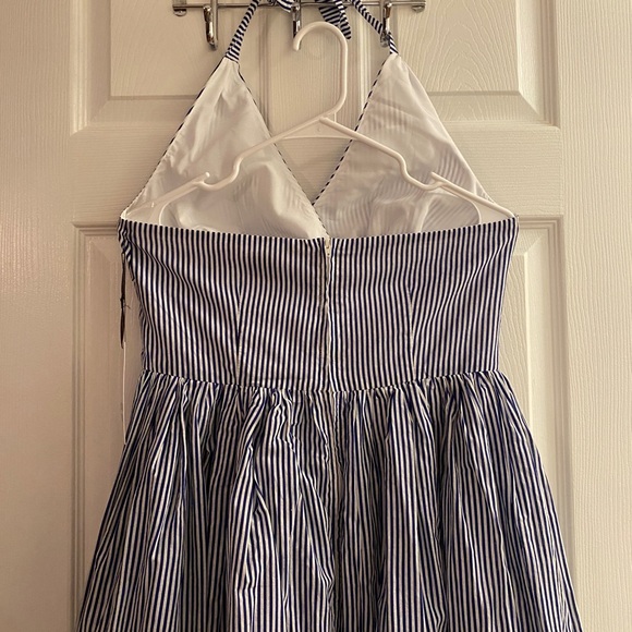 Unique Vintage Blue and White Striped Halter Dress with Embroidered Eyelet Trim - Picture 6 of 13